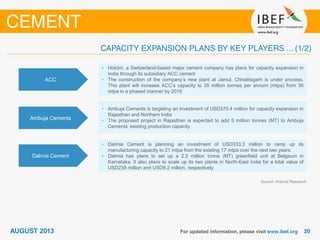 ACC
• Holcim, a Switzerland-based major cement company has plans for capacity expansion in
India through its subsidiary ACC cement
• The construction of the company’s new plant at Jamul, Chhattisgarh is under process.
This plant will increase ACC’s capacity to 35 million tonnes per annum (mtpa) from 30
mtpa in a phased manner by 2015
Ambuja Cements
• Ambuja Cements is targeting an investment of USD370.4 million for capacity expansion in
Rajasthan and Northern India
• The proposed project in Rajasthan is expected to add 5 million tonnes (MT) to Ambuja
Cements’ existing production capacity
Dalmia Cement
• Dalmia Cement is planning an investment of USD333.3 million to ramp up its
manufacturing capacity to 21 mtpa from the existing 17 mtpa over the next two years.
• Dalmia has plans to set up a 2.5 million tonne (MT) greenfield unit at Belgaum in
Karnataka. It also plans to scale up its two plants in North-East India for a total value of
USD239 million and USD9.2 million, respectively
Source: Aranca Research
 
