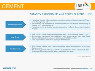 Heidelberg Cement
• Heidelberg Cement, a Germany-based cement manufacturer has commissioned Phase-I
of its Jhansi grinding unit
• The company has undertaken an investment worth USD 259.4 million for expanding its
capacity to 2.7 million tonnes (MT)
• Heidelberg aims to ramp up the operational capacity to 6 MT at its Damoh plant in Madhya
Pradesh
Vicat Group
• Vicat Group, a France-based company plans to sell 4.5 MT of cement in India in FY 2013
• The company has recently commissioned a joint venture cement plant Vicat Sagar
Cement at Chattrasal, Karnataka, for a total value of USD333.3 million
• Vicat Sagar will have a 2.8 MT of capacity in the first phase
Amrit Cement
• Amrit Cement India Ltd (ACIL) has announced the launch of Amrit Cement in the North-
Eastern market.
• The company plans to achieve a production level of 5 million tonnes per annum by 2015–
16 through capacity expansion in North-Eastern Bihar and Nepal
Source: Aranca Research
 