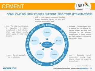Source : Aranca Research
• High – Huge capital investments required
present substantial barriers to entry and
achieving economies of scale
• Moderate – Cement players have
to depend on the railways for
carriage outward and local coal
companies for fuel, although
diversification of freight options
and fuel sources is diminishing
the suppliers’ power
• Low – Substantial market
concentration among large
players ensures low bargaining
power of buyers
• Low – Cement, practically,
has no substitutes
• Low – The Indian cement market
is oligopolistic in nature,
characterised by tacit collusion,
where large players partially
control supply for better price
discipline
Positive
Neutral
PositivePositive
Positive
Market
Attractiveness
 