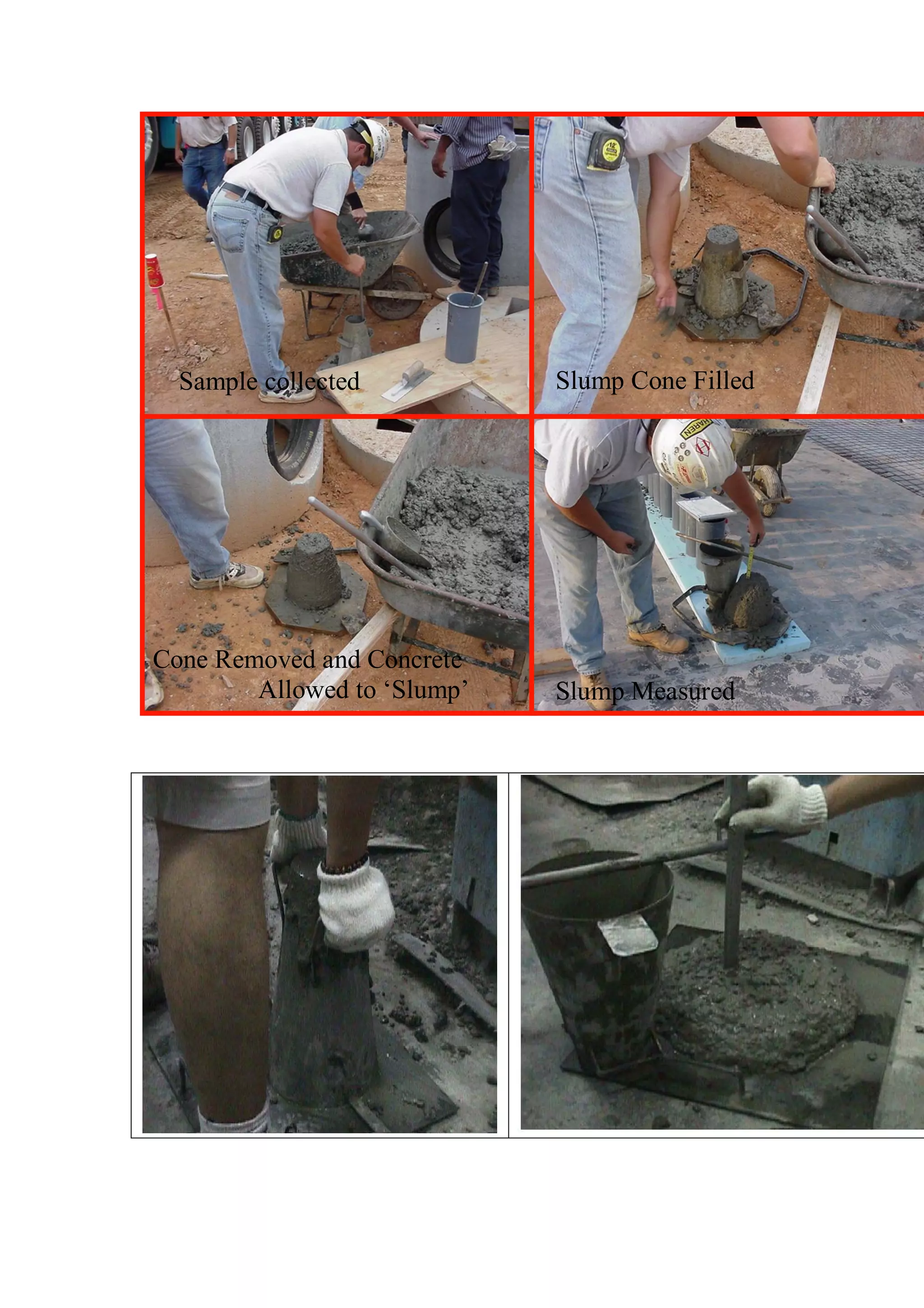 Sample collected 
Slump Measured 
Cone Removed and Concrete 
Allowed to ‘Slump’ 
Slump Cone Filled 
 