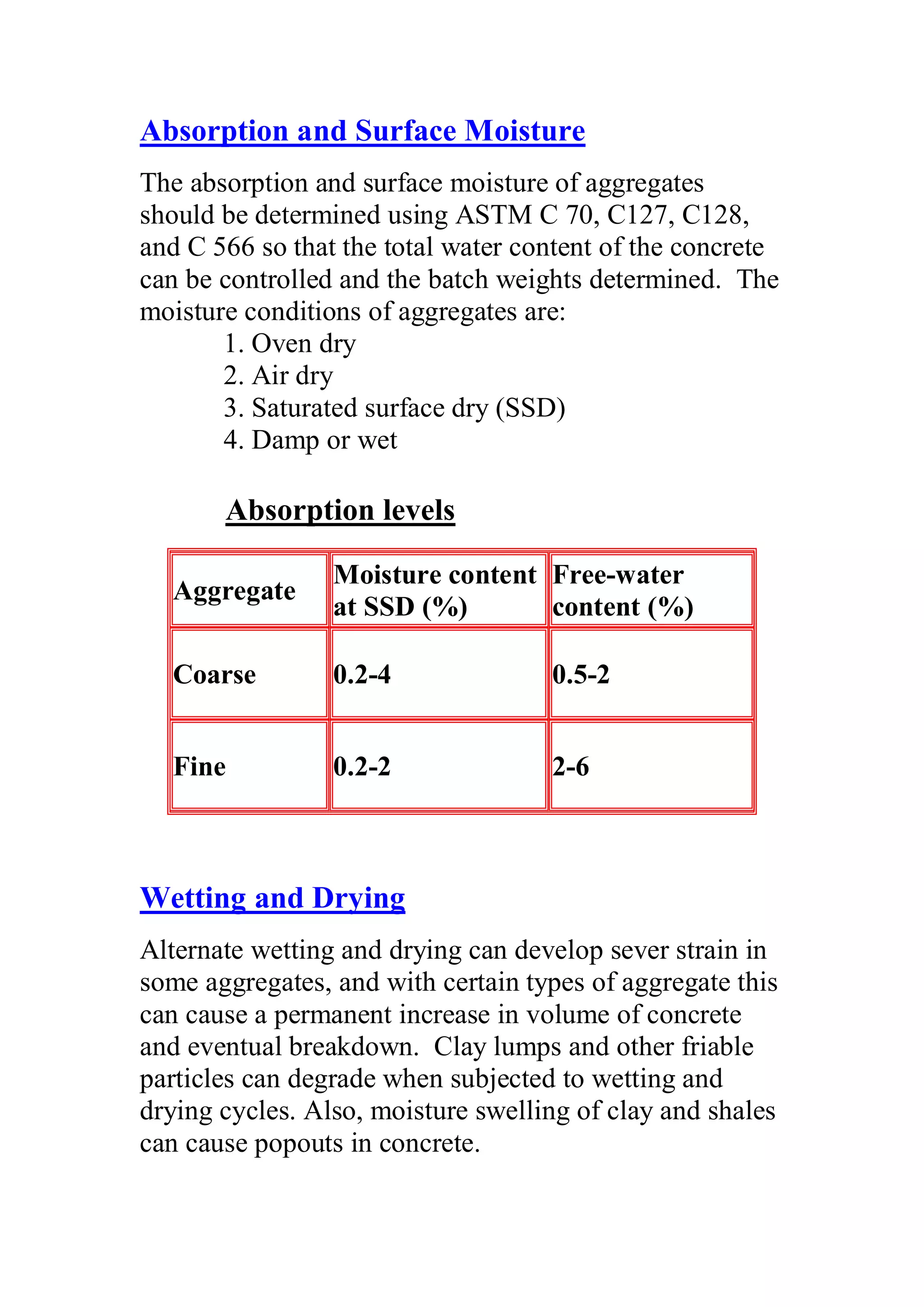 Absorption and Surface Moisture 
The absorption and surface moisture of aggregates 
should be determined using ASTM C 70, C127, C128, 
and C 566 so that the total water content of the concrete 
can be controlled and the batch weights determined. The 
moisture conditions of aggregates are: 
1. Oven dry 
2. Air dry 
3. Saturated surface dry (SSD) 
4. Damp or wet 
Absorption levels 
Aggregate Moisture content 
at SSD (%) 
Free-water 
content (%) 
Coarse 0.2-4 0.5-2 
Fine 0.2-2 2-6 
Wetting and Drying 
Alternate wetting and drying can develop sever strain in 
some aggregates, and with certain types of aggregate this 
can cause a permanent increase in volume of concrete 
and eventual breakdown. Clay lumps and other friable 
particles can degrade when subjected to wetting and 
drying cycles. Also, moisture swelling of clay and shales 
can cause popouts in concrete. 
 