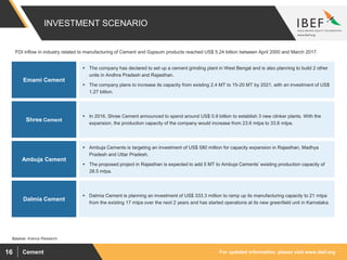 For updated information, please visit www.ibef.orgCement16
INVESTMENT SCENARIO
Source: Aranca Research
FDI inflow in industry related to manufacturing of Cement and Gypsum products reached US$ 5.24 billion between April 2000 and March 2017.
 Dalmia Cement is planning an investment of US$ 333.3 million to ramp up its manufacturing capacity to 21 mtpa
from the existing 17 mtpa over the next 2 years and has started operations at its new greenfield unit in Karnataka.
Dalmia Cement
 Ambuja Cements is targeting an investment of US$ 580 million for capacity expansion in Rajasthan, Madhya
Pradesh and Uttar Pradesh.
 The proposed project in Rajasthan is expected to add 5 MT to Ambuja Cements’ existing production capacity of
28.5 mtpa.
Ambuja Cement
 In 2016, Shree Cement announced to spend around US$ 0.9 billion to establish 3 new clinker plants. With the
expansion, the production capacity of the company would increase from 23.6 mtpa to 33.6 mtpa.
Shree Cement
 The company has declared to set up a cement grinding plant in West Bengal and is also planning to build 2 other
units in Andhra Pradesh and Rajasthan.
 The company plans to increase its capacity from existing 2.4 MT to 15-20 MT by 2021, with an investment of US$
1.27 billion.
Emami Cement
 