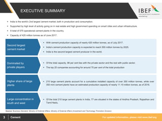 For updated information, please visit www.ibef.orgCement3
EXECUTIVE SUMMARY
Source: Business Standard, Ministry of External Affairs, Ministry of External Affairs (Investment and Technology Promotion Division)
 With cement production capacity of nearly 420 million tonnes, as of July 2017.
 India’s cement production capacity is expected to reach 550 million tonnes by 2025.
 India is the second largest cement producer in the world.
Second largest
cement market
 Of the total capacity, 98 per cent lies with the private sector and the rest with public sector.
 The top 20 companies accounting for around 70 per cent of the total production
Dominated by
private players
 210 large cement plants account for a cumulative installed capacity of over 350 million tonnes, while over
350 mini cement plants have an estimated production capacity of nearly 11.10 million tonnes, as of 2016.
Higher share of large
plants
 Of the total 210 large cement plants in India, 77 are situated in the states of Andhra Pradesh, Rajasthan and
Tamil Nadu.
Large concentration in
south and west
 India is the world’s 2nd largest cement market, both in production and consumption.
 Supported by high level of activity going on in real estate and high government spending on smart cities and urban infrastructure.
 A total of 575 operational cement plants in the country.
 Capacity of 420 million tonnes as of June 2017.
 