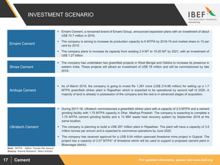 For updated information, please visit www.ibef.orgCement17
INVESTMENT SCENARIO
Source: Aranca Research, News Articles
Note: *MTPA – Million Tonnes Per Annum
 Emami Cement, a renowned brand of Emami Group, announced expansion plans with an investment of about
US$ 74.7 million in 2016.
 The company is aiming to increase its production capacity to 6 MTPA by 2018-19 and market share to 10 per
cent by 2019.
 The company plans to increase its capacity from existing 2.4 MT to 15-20 MT by 2021, with an investment of
US$ 1.27 billion.
Emami Cement
 The company has undertaken two greenfield projects in West Bengal and Odisha to increase its presence in
eastern India. These projects will attract an investment of US$ 78 million and will be commissioned by late
2018.
Shree Cement
 As of March 2018, the company is going to invest Rs 1,391 crore (US$ 214.86 million) for setting up a 1.7
MTPA greenfield clinker plant in Rajasthan which is expected to be operational by second half of 2020. A
majority of land is already in possession of the company and the rest is in advanced stages of acquisition.
Ambuja Cement
 During 2017-18, Ultratech commissioned a greenfield clinker plant with a capacity of 2.5 MTPA and a cement
grinding facility with 1.75 MTPA capacity in Dhar, Madhya Pradesh. The company is expecting to complete a
1.75 MTPA cement grinding facility and a 13 MW waste heat recovery system by September 2018 at the
same location.
 The company is planning to build a US$ 287 million plant in Rajasthan. The plant will have a capacity of 3.5
million tonnes per annum and is expected to commence operations by June 2020.
 The company has received approval for a US$ 9.04 million opencast limestone mine project in Gujarat. The
project has a capacity of 2.07 MTPA* of limestone which will be used to support a proposed cement plant in
Bhavnagar district.
Ultratech Cement
 