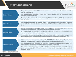 For updated information, please visit www.ibef.orgCement17
INVESTMENT SCENARIO
Source: Aranca Research, News Articles
Note: MTPA – Million Tonnes Per Annum
 Emami Cement, a renowned brand of Emami Group, announced expansion plans with an investment of about
US$ 74.7 million in 2016.
 The company plans to commission a grinding plant in Odisha by March 2018. An investment of US$ 94
million has been made in the plant.
 The company plans to increase its capacity from existing 2.4 MT to 15-20 MT by 2021, with an investment of
US$ 1.27 billion.
Emami Cement
 The company has undertaken two greenfield projects in West Bengal and Odisha to increase its presence in
eastern India. These projects will attract an investment of US$ 78 million and will be commissioned by late
2018.
Shree Cement
 Lafarge Holcim, the parent company of Ambuja Cement, is planning to merge Ambuja Cement with ACC
cement. The merger is expected to be completed in the next six months. (by FY18)
 In June 2017, Odisha Government gave its nod to Ambuja Cements for setting up a cement grinding unit of
1.5 million tonnes per annum at a cost of US$ 66.43 million.
 As of March 2018, the company is going to invest Rs 1,391 crore (US$ 214.86 million) for setting up a 1.7
MTPA greenfield clinker plant in Rajasthan which is expected to be operational by second half of 2020.
Ambuja Cement
 Ultratech plans to build a new plant with capacity of 3.5 MTPA* at Dhar in Madhya Pradesh with an
investment of US$ 400 million. The plant is expected to start commercial production by 2019.
 The company is planning to build a US$ 287 million plant in Rajasthan. The plant will have a capacity of 3.5
million tonnes per annum and is expected to commence operations by June 2020.
 The company has received approval for a US$ 9.04 million opencast limestone mine project in Gujarat. The
project has a capacity of 2.07 MTPA* of limestone which will be used to support a proposed cement plant in
Bhavnagar district.
Ultratech Cement
 