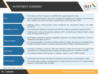 For updated information, please visit www.ibef.orgCement18
INVESTMENT SCENARIO
Source: Aranca Research, News Articles
 The subsidiary of Holcim, has plans for a US$ 500 million capacity expansion in India
 ACC will upgrade and expand its Jamul unit in Chattisgarh & its grinding unit in Jharkhand. This will increase
ACC’s capacity to 38 mtpa from 30 mtpa in a phased manner by 2016 & 55 mtpa in 2020
ACC
 Heidelberg Cement, a Germany-based cement manufacturer has commissioned Phase-I of its Jhansi
grinding unit
 The company has undertaken an investment worth US$ 259.4 million for expanding its capacity to 2.9 MT
 Heidelberg aims to ramp up the operational capacity to 6 MT at its Damoh plant in Madhya Pradesh, striving
to add an additional 9 MT by 2017
Heidelberg Cement
 Dalmia Bharat is planning to expand its capabilities in East India. The company already has a 14 per cent
market share in the region, as of FY17.
 It is the preferred bidder for one block of Limestone (Kesla II) in Raipur, with reserves of 215 million tonnes.
The deal is expected to generate cumulative revenues worth US$ 1.76 billion for the state government.
Dalmia Cement
 Amrit Cement India Ltd (ACIL) has announced the launch of Amrit Cement in the North-Eastern market
 The company plans to achieve a production level of 5 million tonnes per annum by FY16, through capacity
expansion in North-Eastern Bihar and Nepal
Amrit Cement
 JK Cement is planning to invest Rs 1,500 crore (US$ 231.7 million) over the next 3 to 4 years (from
September 2017) to increase its production capacity at its Mangrol plant from 10.5 MTPA to 14 MTPA.
 The company is aiming to further increase its production capacity to reach 18 MTPA by 2022.
JK Cement
 