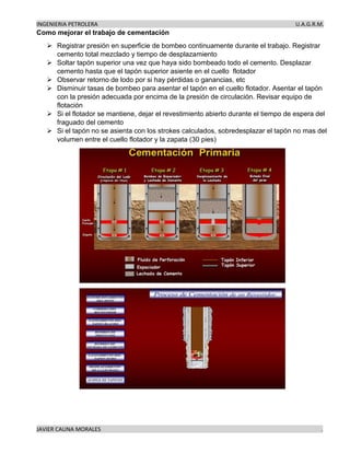 INGENIERIA PETROLERA U.A.G.R.M.
JAVIER CAUNA MORALES .
Como mejorar el trabajo de cementación
➢ Registrar presión en superficie de bombeo continuamente durante el trabajo. Registrar
cemento total mezclado y tiempo de desplazamiento
➢ Soltar tapón superior una vez que haya sido bombeado todo el cemento. Desplazar
cemento hasta que el tapón superior asiente en el cuello flotador
➢ Observar retorno de lodo por si hay pérdidas o ganancias, etc
➢ Disminuir tasas de bombeo para asentar el tapón en el cuello flotador. Asentar el tapón
con la presión adecuada por encima de la presión de circulación. Revisar equipo de
flotación
➢ Si el flotador se mantiene, dejar el revestimiento abierto durante el tiempo de espera del
fraguado del cemento
➢ Si el tapón no se asienta con los strokes calculados, sobredesplazar el tapón no mas del
volumen entre el cuello flotador y la zapata (30 pies)
 