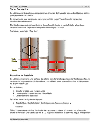 INGENIERIA PETROLERA U.A.G.R.M.
JAVIER CAUNA MORALES .
Tubo Conductor
Se utiliza cemento acelerado para disminuir el tiempo de fraguado, se puede utilizar un aditivo
para perdida de circulación.
Es conveniente usar espaciador para remover lodo y usar Tapón Superior para evitar
canalización del cemento
El método mas usado es bajar tubería de perforación hasta el cuello flotador y bombear
cemento hasta que haya retornado por el anular hoyo-conductor
Trabajo en superficie ( Top Job )
Revestidor de Superficie
Se utiliza normalmente una lechada de relleno para llenar el espacio anular hasta superficie. El
cemento de mayor resistencia llamado de cola, deberá tener una resistencia a la compresión
no mayor de 500 Lpc
Procedimiento:
➢ Circular el pozo para romper geles
➢ Usar espaciador para remover bien el lodo
➢ Utilizar cemento acelerado
Se deben bajar los siguientes equipos:
➢ Zapata Guía, Cuello flotador, Centralizadores, Tapones Inferior y
Superior.
Si hay problemas de perdida de circulación, se puede bombear el cemento por el espacio
anular a través de una tubería de 0.9 a 1.0 Pulgadas hasta que el cemento frague en superficie
 