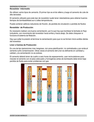 INGENIERIA PETROLERA U.A.G.R.M.
JAVIER CAUNA MORALES .
Revestidor Intermedio
Se utilizan varios tipos de cemento. El primer tipo es el de relleno y luego el cemento de cola de
alta densidad.
El cemento utilizado para este tipo de revestidor suele tener retardadores para obtener buenos
tiempos de bombeabilidad aun a altas temperaturas.
Puede contener aditivos reductores de fricción, de perdida de circulación o perdida de fluidos
Revestidor de Producción
Es necesario realizar una buena cementación, por lo que hay que bombear la lechada en flujo
turbulento, con movimiento del revestidor hacia arriba y hacia abajo. Se debe chequear si
funciona el sistema de flotación.
Hay que soltar la presión al terminar la cementación para que no se formen micro-anillos detrás
del revestidor
Liner o Camisa de Producción
Es una de las operaciones mas riesgosas, con poca planificación, no centralizada y por ende,el
cemento sufre contaminación. Otras veces el cemento del Liner es deficiente en cantidad y
calidad, y la cementación no es exitosa.
El cemento deberá tener de cuatro a seis horas de espesamiento, usar recirculadores para
mezclar el cemento con el peso adecuado y homogéneo antes de bombearlo debe tener baja
perdida de fluido para evitar problemas con gas
 