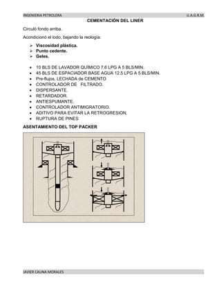 INGENIERIA PETROLERA U.A.G.R.M.
JAVIER CAUNA MORALES .
CEMENTACIÓN DEL LINER
Circuló fondo arriba.
Acondicionó el lodo, bajando la reología:
➢ Viscosidad plástica.
➢ Punto cedente.
➢ Geles.
• 10 BLS DE LAVADOR QUÍMICO 7.6 LPG A 5 BLS/MIN.
• 45 BLS DE ESPACIADOR BASE AGUA 12.5 LPG A 5 BLS/MIN.
• Pre-flujos, LECHADA de CEMENTO
• CONTROLADOR DE FILTRADO.
• DISPERSANTE.
• RETARDADOR.
• ANTIESPUMANTE.
• CONTROLADOR ANTIMIGRATORIO.
• ADITIVO PARA EVITAR LA RETROGRESION.
• RUPTURA DE PINES
ASENTAMIENTO DEL TOP PACKER
 