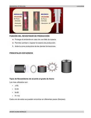 INGENIERIA PETROLERA U.A.G.R.M.
JAVIER CAUNA MORALES .
FUNCIÓN DEL REVESTIDOR DE PRODUCCIÓN
Protege el ambiente en caso de una falla de tubería.
Permite cambiar o reparar la tubería de producción.
1. Aísla la zona productora de las demás formaciones.
PRINCIPALES ESFUERZOS
Tipos de Revestidores de acuerdo al grado de Acero
Los mas utilizados son:
• J-55.
• K-55
• N-80
• P-110
Cada uno de estos se pueden encontrar en diferentes pesos (lbs/pies).
 
