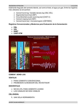 INGENIERIA PETROLERA U.A.G.R.M.
JAVIER CAUNA MORALES .
totalmente fraguado del cemento blando, así como el lodo, el agua y/o gas. Entre los registros
más utilizados se encuentran:
➢ Cement bond log- Variable density log (CBL-VDL)
➢ Segmented bond tool (SBT)
➢ Circunferential acustic scanning tool (CAST-V)
➢ Cement maping tool (CMT)
➢ Cement bond tool / microsismogram (CBT/MSG)
Registros Convencionales y Modernos para Evaluación de la Cementación
➢ CBL
➢ VDL
➢ RSBT
➢ CAST-VTM
CEMENT BOND LOG
VENTAJA
➢ PARA CEMENTO CONVENCIONAL
➢ PROMENDIO ALREDEDOR DEL REVESTIDOR
DESVENTAJA
➢ NO ES UTIL PARA CEMENTO LIVIANO
➢ LOS CANALES NO SON VISIBLES
CBL-RADIAL
1. UNA SOLA HERRAMIENTA
 