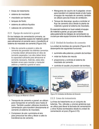 15JET 14 - Introducción a la Cementación |
líneas de tratamiento
sistema de mezclado
mezclador por baches
tanques de ﬂuido
sistema de aditivos líquidos
cabezas de cementación.
2.2.1 Equipo de material a granel
En los trabajos de cementación primaria, se
necesitan los siguientes equipos de material a granel
para almacenar el cemento seco y transferirlo al
sistema de mezclado de cemento (Figura 2-8):
Silos de cemento a presión o silos de
cemento de gravedad: los distintos cementos
y mezclas deben almacenarse en silos de
cemento separados. Los silos deben tener
la capacidad suﬁciente para almacenar el
cemento necesario. Además, estos silos
también sirven para mezclar y manipular
aditivos y material a granel en seco.
Figura 2-8. Equipo de Material a Granel
Transporte de cemento a granel: se utilizan
para transportar el cemento seco hasta el
pozo. También pueden utilizarse durante la
cementación para transferir directamente el
cemento al sistema de mezclado.
Compresor de aire: suministra el aire
para presurizar los silos y llevar a cabo la
transferencia de cemento.
•
•
•
•
•
•
•
•
•
Mangueras de caucho de 4 pulgadas: sirven
para transferir el material desde el silo hasta
el equipo de mezclado de cemento; también
se utilizan para las líneas de ventilación.
Tanque de descarga: ayuda a controlar el
ﬂujo de cemento seco desde la planta de
material a granel al sistema de mezclado.
Es esencial mantener en buen estado el equipo
de material a granel, ya que para realizar
adecuadamente los trabajos de cementación es
crucial que este equipo funcione de forma efectiva.
2.2.2 Unidad de bombeo de cemento
La unidad de bombeo de cemento (Figura 2-9)
desempeña las siguientes funciones:
suministra alta potencia y presión de bombeo
mide los ﬂuidos de mezcla
proporciona y controla el sistema de
mezclado de cemento
controla el caudal y la presión de bombeo.
Figura 2-9. Unidades de Bombeo de Cemento
Skid de Bombeo de
Cemento(CPS-361)
Camión de Bombeo
de Cemento
2.2.3 Línea de tratamiento
La línea de tratamiento es un conjunto de
tuberías, Tes, válvulas y uniones giratorias que
se utiliza para llevar la lechada de cementación
y otros ﬂuidos bombeados desde la unidad de
cementación al pozo (Figura 2-10).
•
•
•
•
•
•
 