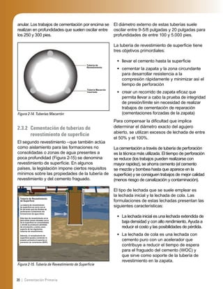 20 | Cementación Primaria
anular. Los trabajos de cementación por encima se
realizan en profundidades que suelen oscilar entre
los 250 y 300 pies.
Figura 2-14. Tuberías Macarrón
Tubería de
Revestimiento
Tubería Macarrón
insertada
2.3.2 Cementación de tuberías de
revestimiento de superﬁcie
El segundo revestimiento –que también actúa
como aislamiento para las formaciones no
consolidadas o zonas de agua presentes a
poca profundidad (Figura 2-15) se denomina
revestimiento de superﬁcie. En algunos
países, la legislación impone ciertos requisitos
mínimos sobre las propiedades de la tubería de
revestimiento y del cemento fraguado.
Figura 2-15. Tubería de Revestimiento de Superﬁcie
Tubería de Revestimiento
de Superﬁcie
La tubería de revestimiento
de superﬁcie se corre con el
ﬁn de evitar que los ﬂuidos de
perforación contaminen las
formaciones de agua dulce.
Este tipo de revestimiento sirve
para aislar zonas situadas cerca
de la superﬁcie no consolidadas
o donde se producen pérdidas
de circulación, y actúa como
soporte de las siguientes
tuberías de revestimiento.
Además, el revestimiento de
superﬁcie ayuda a controlar la
presión primaria al soportar el
preventor de reventones (BOP).
El diámetro externo de estas tuberías suele
oscilar entre 9-5/8 pulgadas y 20 pulgadas para
profundidades de entre 100 y 5.000 pies.
La tubería de revestimiento de superﬁcie tiene
tres objetivos primordiales:
llevar el cemento hasta la superﬁcie
cementar la zapata y la zona circundante
para desarrollar resistencia a la
compresión rápidamente y minimizar así el
tiempo de perforación
crear un recorrido de zapata eﬁcaz que
permita llevar a cabo la prueba de integridad
de presión/límite sin necesidad de realizar
trabajos de cementación de reparación
(cementaciones forzadas de la zapata)
Para compensar la diﬁcultad que implica
determinar el diámetro exacto del agujero
abierto, se utilizan excesos de lechada de entre
el 50% y el 100%.
La cementación a través de tubería de perforación
es la técnica más utilizada. El tiempo de perforación
se reduce (los trabajos pueden realizarse con
mayor rapidez), se ahorra cemento (el cemento
se mezcla y bombea hasta que aparece en la
superﬁcie) y se consiguen trabajos de mejor calidad
(menos riesgo de canalización y contaminación).
El tipo de lechada que se suele emplear es
la lechada inicial y la lechada de cola. Las
formulaciones de estas lechadas presentan las
siguientes características:
La lechada inicial es una lechada extendida de
baja densidad y con alto rendimiento. Ayuda a
reducir el costo y las posibilidades de pérdida.
La lechada de cola es una lechada con
cemento puro con un acelerador que
contribuye a reducir el tiempo de espera
para el fraguado del cemento (WOC) y
que sirve como soporte de la tubería de
revestimiento en la zapata.
•
•
•
•
•
 