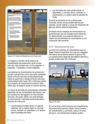 22 | Cementación Primaria
Figura 2-17. Tubería de Revestimiento de Producción
Tubería de Revestimiento de
Producción
La tubería de revestimiento de
producción se corre a través de la
tubería intermedia y se cementa
en la zona o zonas de producción.
La razones principales para
correr y cementar una tubería de
revestimiento de producción son
las siguientes:
• Aislar las zonas de producción,
y los ﬂuidos que contienen, de
otras zonas
• Actuar como cubierta de
protección de los equipos
de producción subterráneos
(terminaciones)
• Recubrir las tuberías de
revestimiento intermedias
dañadas o desgastadas
La longitud y tamaño de la tubería de
revestimiento de producción varía mucho,
pero las más usuales son: 4-1/2 pulgadas, 5
pulgadas, 7 pulgadas y 9-5/8 pulgadas.
Las tuberías de revestimiento de producción
pueden introducirse como una sarta completa
desde el fondo del pozo (profundidad total)
hasta la superﬁcie o desde el fondo del pozo
(profundidad total) hasta 100 o 200 pies dentro
de la tubería de revestimiento anterior. Este
último tipo de tubería recibe el nombre de liner.
Los tipos de lechada de cementación utilizados
dependen de las necesidades del cliente y de
las condiciones del agujero en esta sección
del pozo. Se suele utilizar una sola lechada
de cementación o lechada inicial extendida y
lechada de cola pura:
Las lechadas iniciales llevan un agente
extensor y/o un aditivo ligero y, muchas
veces, también un retardador y un aditivo
para la pérdida de ﬂuido.
•
Las lechadas de cola pueden llevar un
retardador y, muchas veces, también un
dispersante y un aditivo para la pérdida de
ﬂuido.
Cuando el cemento se va a utilizar para
controlar ciertas zonas problemáticas (por
ejemplo, zonas salinas y zonas de migración de
gas) se utilizan aditivos especiales.
El diseño de los trabajos de cementación es
esencial para que los trabajos sean efectivos.
Se debe prestar una especial atención al
diseño de las lechadas de cementación y a la
colocación del cemento.
2.3.5 Cementación de liner
Los liner son tuberías de cementación que no
llegan hasta la superﬁcie sino que son colgadas
del interior de la tubería anterior (Figura 2-18).
La superposición depende del objetivo del liner y
puede oscilar entre 50 y 500 pies.
Figura 2-18. Liner
Liner
Sistemas de Mezcla y
Bombeo de Cemento
Lodo de Perforación
El uso de liner (como tuberías de revestimiento
de producción) permite utilizar menos tubería
de revestimiento y, por tanto, reducir el costo
del pozo. Las tolerancias anulares suelen
•
 