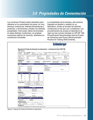 Los cementos Portland están diseñados para
utilizarse en la cementación de pozos, en muy
diversas condiciones: distintas temperaturas y
presiones, y formaciones y ﬂuidos con distintas
propiedades. Para poder utilizar las lechadas
en estas distintas condiciones, se emplean
numerosos aditivos de cemento, diseñados en
condiciones simuladas.
La propiedades de la lechada y del cemento
fraguado se diseñan y evalúan en un
laboratorio, donde se simulan las distintas
condiciones en las que van a emplearse. Los
procedimientos de prueba en laboratorio se
rigen por las normas incluidas en API RP 10B:
Procedimiento Recomendado para la Prueba
de Cementos para Pozos (Recommended
Practice for Testing Well Cements).
Reporte de Prueba de Cemento en Laboratorio – Lechada de Cola 9 5/8" GB
Datos del pozo
Composición
Reología (lecturas promedio)
Tiempo de espesamiento
Fluido libre
Resistencia a compresión UCA – Resultados registrados
Pérdida de fluido
Comentarios
Firmas
Nº fluido : NLA 27805002 Cliente :X Locación / Equipo de perforación : XZ
Fecha : 18-03-2006 Nombre del pozo : 995 #2 Campo : XY
Tipo de trabajo Lechada de cola de 9 5/8" Profundidad 6500,0 pies TVD 6500,0 pies
BHST 145 ºF BHCT 110 ºF BHP 3850 psi
Temperatura inicial 80 ºF Tiempo hasta temp. 00:35 hr:mn Velocidad de calentamiento (ºF/min)
Presión inicial 475 psi Tiempo hasta presión 00:35 hr:mn Programa CemCADE
Densidad 16,40 lpg Rendimiento 1,07 pies cúbicos/sk Fluido de mezcla 4,418 galones/sk
Porosidad 55,3 % Fracción sólida 44,7 % Tipo de lechada Convencional
H Mezcla Muestra campo
Agua dulce 3,368 gals/sk Fluido base
Pv: 88,947 cP Pv: 86,386 cP
Ty: 5,50 lbf/100 pies2 Ty: 39,76 lbf/100 pies2
D047 0,020 gals/sk ANTIESPUMANTE
D500 1,000 gals/sk GASBLOK LT
D177 0,010 gals/sk RETARDADOR 1008933
D080 0,020 gals/sk DISPERSANTE
Código Concentración Componente Número de lote
(rpm) (deg) (deg)
300 93,0 125,0
200 66,0 98,0
100 36,0 70,0
60 24,0 58,0
30 14,0 46,0
6 6,0 32,0
3 5,0 28,0
Temperatura 80 ºF 110 ºF
Consistencia Tiempo
nm:rh15:40cB03
nm:rh53:50cB07
nm:rh93:50cB001
0,0 mL/250 mL En 2 hrs
A 110 ºF y 0º incl.
Sedimentación Ninguna
Tiempo CS
12:00 hr:mn 1502 psi
12:00 hr:mn 2522 psi
Pérdida de fluido API 20 mL
10 mL en 30 min a 110 ºF y 1000 psi
Lechada con 0,02 gals/sk de D177 demoró 6:19 para llegar a 70 Bc.
Figura 3-1. Reporte de Prueba de Cemento en Laboratorio
27JET 14 - Introducción a la Cementación |
3.0 Propiedades de Cementación
 