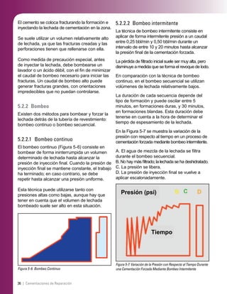 36 | Cementaciones de Reparación
El cemento se coloca fracturando la formación e
inyectando la lechada de cementación en la zona.
Se suele utilizar un volumen relativamente alto
de lechada, ya que las fracturas creadas y las
perforaciones tienen que rellenarse con ella.
Como medida de precaución especial, antes
de inyectar la lechada, debe bombearse un
lavador o un ácido débil, con el ﬁn de minimizar
el caudal de bombeo necesario para iniciar las
fracturas. Un caudal de bombeo alto puede
generar fracturas grandes, con orientaciones
impredecibles que no puedan controlarse.
5.2.2 Bombeo
Existen dos métodos para bombear y forzar la
lechada detrás de la tubería de revestimiento:
bombeo continuo o bombeo secuencial.
5.2.2.1 Bombeo continuo
El bombeo continuo (Figura 5-6) consiste en
bombear de forma ininterrumpida un volumen
determinado de lechada hasta alcanzar la
presión de inyección ﬁnal. Cuando la presión de
inyección ﬁnal se mantiene constante, el trabajo
ha terminado; en caso contrario, se debe
repetir hasta alcanzar una presión uniforme.
Esta técnica puede utilizarse tanto con
presiones altas como bajas, aunque hay que
tener en cuenta que el volumen de lechada
bombeado suele ser alto en esta situación.
Figura 5-6. Bombeo Continuo
5.2.2.2 Bombeo intermitente
La técnica de bombeo intermitente consiste en
aplicar de forma intermitente presión a un caudal
entre 0,25 bbl/min y 0,50 bbl/min durante un
intervalo de entre 10 y 20 minutos hasta alcanzar
la presión ﬁnal de la cementación forzada.
La pérdida de ﬁltrado inicial suele ser muy alta, pero
disminuye a medida que se forma el revoque de lodo.
En comparación con la técnica de bombeo
continuo, en el bombeo secuencial se utilizan
volúmenes de lechada relativamente bajos.
La duración de cada secuencia depende del
tipo de formación y puede oscilar entre 5
minutos, en formaciones duras, y 30 minutos,
en formaciones blandas. Esta duración debe
tenerse en cuenta a la hora de determinar el
tiempo de espesamiento de la lechada.
En la Figura 5-7 se muestra la variación de la
presión con respecto al tiempo en un proceso de
cementación forzada mediante bombeo intermitente.
A. El agua de mezcla de la lechada se ﬁltra
durante el bombeo secuencial.
B. No hay más ﬁltrado; la lechada se ha deshidratado.
C. La presión se libera.
D. La presión de inyección ﬁnal se vuelve a
aplicar escalonadamente.
Figura 5-7. Variación de la Presión con Respecto al Tiempo Durante
una Cementación Forzada Mediante Bombeo Intermitente
Presión (psi)
Tiempo
 