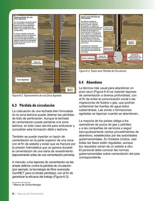 46 | Tapones de Cementación
Figura 6-2. Taponamiento de una Zona Agotada
Taponamiento de una
Zona Agotada
En los trabajos de perforación
En ocasiones, es necesario
taponar las zonas agotadas
para evitar la migración de
ﬂuido o gas desde los tramos
productivos.
A veces, también puede ser
necesario utilizar un tapón de
cementación para proteger
una zona de baja presión en un
agujero abierto (no entubado),
antes de la terminación de un
tramo superior.
Tapón de
Cementación
Zona Agotada
Agujero
Abierto
6.3 Pérdida de circulación
La colocación de una lechada bien formulada
en la zona ladrona puede detener las pérdidas
de lodo de perforación. Aunque la lechada
de cementación puede perderse a la zona
ladrona, en todo caso servirá para endurecer y
consolidar esta formación débil o ladrona.
También se puede inyectar un tapón de
cementación en la parte superior de una zona
con el ﬁn de aislarla y evitar que se fracture por
la presión hidrostática que se genera durante
la cementación de una sarta de revestimiento
(taponamiento antes de una cementación primaria).
A menudo, a los tapones de cementación se les
añade aditivos contra la pérdida de circulación
(por ejemplo, la tecnología de ﬁbra avanzada
CemNET para co*
ntrolar pérdidas), con el ﬁn de
garantizar la eﬁcacia del trabajo (Figura 6-3).
* Marca de Schlumberger
Figura 6-3. Tapón para Pérdida de Circulación
Tapón para Pérdida de
Circulación
Se habla de pérdida de
circulación o de ﬂuido de
retorno cuando, después
del bombeo, no vuelve a la
superﬁcie la cantidad adecuada
de lodo (ﬂuido) de perforación.
El ﬂuido de perforación se
pierde porque se ﬁltra en una
zona “ladrona”. La pérdida de
circulación puede producirse,
por ejemplo, cuando la barrena
de perforación se topa con
ﬁsuras, fracturas o cavernas
naturales; el lodo se desvía por
esas zonas.
La pérdida de circulación
puede pararse colocando en la
zona ladrona una lechada de
cementación adecuadamente
formulada.
Zona Ladrona
Tubería de
Perforación
Barrena de
Perforación
Tapón de
Cementación
Agujero
Abierto
Desvío de
Lodo (ﬂuido de
perforación) a una
Zona Ladrona
6.4 Abandono
La técnica más usual para abandonar un
pozo seco (Figura 6-4) es inyectar tapones
de cementación a diversa profundidad, con
el ﬁn de evitar la comunicación zonal o las
migraciones de ﬂuidos o gas, que podrían
contaminar las fuentes de agua dulce
subterráneas. Las zonas o formaciones
agotadas se taponan cuando se abandonan.
La mayoría de los países obliga a los
operadores de pozos de gas y petróleo
y a las compañías de servicios a seguir
escrupulosamente ciertos procedimientos de
abandono, establecidos por las autoridades
gubernamentales. En Estados Unidos, casi
todas las fases están reguladas, aunque
los requisitos varían de un estado a otro.
El personal debe conocer las normas
gubernamentales sobre cementación del país
correspondiente.
 