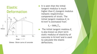 Elastic
Deformation
 It is seen that the initial
tangent modulus is much
higher than Et (tangent modulus
inelastic respectively)
components of strain. The
initial tangent modulus Ec in
N/mm2 is estimated from
Ec = 5000 𝑓ck
 The initial tangent modulus Ec
is also known as short term
static modulus of elasticity of
concrete in N/mm2 and is used
to calculate the elastic
deflections.
 