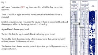 Fig 2
A Cement Evaluation (CET) log from a well in a Middle East carbonate
reservoir.
The CET tool has eight ultrasonic transducers distributed radially on a
mandrel.
Emitted acoustic energy resonates the casing if there is no cement bond and
shows up as white on the image in track 3 of the log.
A good bond shows up as black.
The top third of the log is mostly black indicating good bond.
The middle third showing mostly white is poor bond that almost certainly
will not prevent fluid communication.
The bottom third shows a white vertical streak that probably corresponds to
an open channel.
4
 
