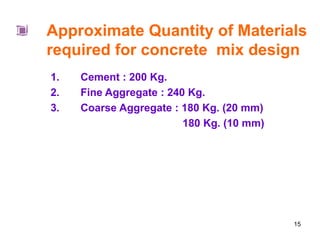 15
Approximate Quantity of Materials
required for concrete mix design
1. Cement : 200 Kg.
2. Fine Aggregate : 240 Kg.
3. Coarse Aggregate : 180 Kg. (20 mm)
180 Kg. (10 mm)
 