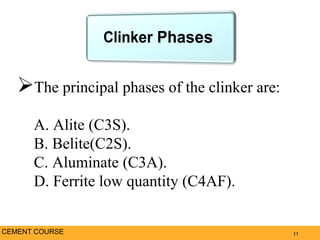 The principal phases of the clinker are:
A. Alite (C3S).
B. Belite(C2S).
C. Aluminate (C3A).
D. Ferrite low quantity (C4AF).
11CEMENT COURSE
 