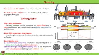 Venkataraman B. - Dept. of Metallurgical Engineering, AUCE(A). 9
Sintering practice
Zone1: Burn off/Pre-heat.
The green compacts entering in this zone, are heated slowly so as to
avoid rapid heating which may result in the expansion of entrapped air
and lubricants.
Zone2: High temperature sintering zone.
The sintering temperature & time depends on the material, particle size
and shape.
Zone3: Cooling zone.
i) A short insulated cooling zone, which allows the sintered parts to be
cooled slowly in order to avoid thermal stresses.
ii) Relatively longer water-jacketed cooling zone, to cool the sintered
parts without exposure to air to prevent oxidation.
Heat treatment: 400 - 650⁰C to remove the lubricant by volatilisation.
Pre-Sintering: 900 - 1150⁰C in ‘H₂’ atm. for 30min. Only solid state
(negligible shrinkage)
[2]
 