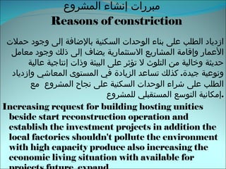 مبررات إنشاء المشروع     Reasons of constriction ازدياد الطلب على بناء الوحدات السكنية بالإضافة إلى وجود حملات الأعمار وإقامة المشاريع الاستثمارية يضاف إلى ذلك وجود معامل حديثة وخالية من التلوث لا تؤثر على البيئة وذات إنتاجية عالية ونوعية جيدة .  كذلك تساعد الزيادة في المستوى المعاشي وازدياد الطلب على شراء الوحدات السكنية على نجاح المشروع  مع إمكانية التوسع المستقبلي للمشروع  . Increasing request for building hosting unities beside start reconstruction operation and establish the investment projects in addition the local factories shouldn't pollute the environment with high capacity produce also increasing the economic living situation with available for projects future  expand 