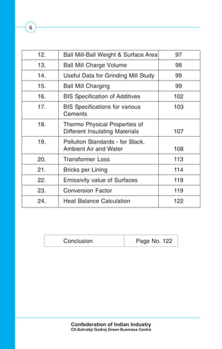 6
12. Ball Mill-Ball Weight & Surface Area 97
13. Ball Mill Charge Volume 98
14. Useful Data for Grinding Mill Study 99
15. Ball Mill Charging 99
16. BIS Specification of Additives 102
17. BIS Specifications for various 103
Cements
18. Thermo Physical Properties of
Different Insulating Materials 107
19. Pollution Standards - for Stack,
Ambient Air and Water 108
20. Transformer Loss 113
21. Bricks per Lining 114
22. Emissivity value of Surfaces 119
23. Conversion Factor 119
24. Heat Balance Calculation 122
Conclusion Page No. 122
 