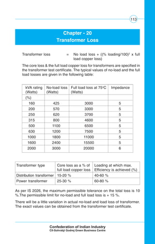 113
As per IS 2026, the maximum permissible tolerance on the total loss is 10
%.The permissible limit for no-load and full load loss is + 15 %.
There will be a little variation in actual no-load and load loss of transformer.
The exact values can be obtained from the transformer test certificate.
Transformer type Core loss as a % of Loading at which max.
full load copper loss Efficiency is achieved (%)
Distribution transformer 15-20 % 40-60 %
Power transformer 25-30 % 60-80 %
Chapter - 20
Transformer Loss
Transformer loss = No load loss + ((% loading/100)2
x full
load copper loss)
The core loss & the full load copper loss for transformers are specified in
the transformer test certificate. The typical values of no-load and the full
load losses are given in the following table:
kVA rating No-load loss Full load loss at 75o
C Impedance
(Watts) (Watts) (Watts)
(%)
160 425 3000 5
200 570 3300 5
250 620 3700 5
315 800 4600 5
500 1100 6500 5
630 1200 7500 5
1000 1800 11000 5
1600 2400 15500 5
2000 3000 20000 6
 