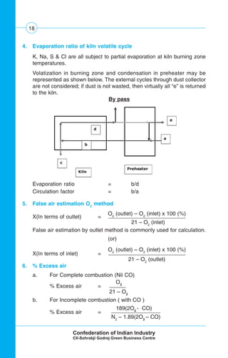 18
4. Evaporation ratio of kiln volatile cycle
K, Na, S & Cl are all subject to partial evaporation at kiln burning zone
temperatures.
Volatization in burning zone and condensation in preheater may be
represented as shown below. The external cycles through dust collector
are not considered; if dust is not wasted, then virtually all “e” is returned
to the kiln.
By pass
Evaporation ratio = b/d
Circulation factor = b/a
5. False air estimation O2
method
X(In terms of outlet) =
O2
(outlet) – O2
(inlet) x 100 (%)
21 – O2
(inlet) .
False air estimation by outlet method is commonly used for calculation.
(or)
X(In terms of inlet) =
O2
(outlet) – O2
(inlet) x 100 (%)
21 – O2
(outlet)
6. % Excess air
a. For Complete combustion (Nil CO)
% Excess air =
O2
21 – O2
b. For Incomplete combustion ( with CO )
% Excess air =
189(2O2
- CO)
N2
– 1.89(2O2
– CO)
 