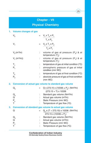 25
Chapter - VII
Physical Chemistry
1. Volume changes of gas
V2
= V1
x T2
x P1
T1
x P2
V1
= V2
x T1
x P2
T2
x P1
V2
(m3
/hr) : volume of gas at pressure (P2
) & at
temperature (T2
)
V1
(m3
/hr)) : volume of gas at pressure (P1
) & at
temperature (T1
)
T1
: temperature of gas at initial condition (O
C)
P1
: atmospheric pressure of gas at initial
condition (mm WC)
T2
: temperature of gas at final condition (O
C)
P2
: absolute pressure of gas at final condition
(mm WC)
2. Conversion of actual gas volume to standard gas volume
Qo
= Q x 273.15 x (10336 ± Ps
) (Nm3
/hr)
(273.15 + T) x 10336
Qo
: Standard gas volume (Nm3
/hr)
Q : Actual gas volume (m3
/hr)
Ps
: Static Pressure (mm WC)
T : Temperature of gas flow (o
C)
3. Conversion of standard gas volume to actual gas volume
Q = Qo
x (T + 273.15) x 10336 (Nm3
/hr)
273.15 x (10336 ± Ps
)
Qo
: Standard gas volume (Nm3
/hr)
Q : Actual gas volume (m3
/hr)
Ps
: Static Pressure (mm WC)
T : Temperature of gas flow (o
C)
 