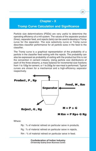31
Chapter - X
Tromp Curve Calculation and Significance
Where:
Rp : % of material retined on particular seive in products.
Rg : % of material retined on particular seive in rejects.
Rm : % of material retined on particular seive in feed.
Particle size determinations (PSDs) are very useful to determine the
operating efficiency of a mill system. The values of the separator product
(fines), separator feed, and rejects (tails) can be used to develop a Tromp
curve for the separator. The size selectivity curve or Tromp curve
describes classifier performance for all particle sizes in the feed to the
classifier.
The Tromp curve is a graphical representation of the probability of a
particle in the classifier feed exiting with the rejects. The probability can
also be expressed as probability of exiting with the product but this is not
the convention in cement industry. Using particle size distributions of
each of the three streams, a mass balance for incremental size fractions
from 1 to 100μμμμμ for cement, or 1 to 200μμμμμ for raw meal is performed. Typical
curves are shown for a mechanical and a high-efficiency separator
respectively.
 