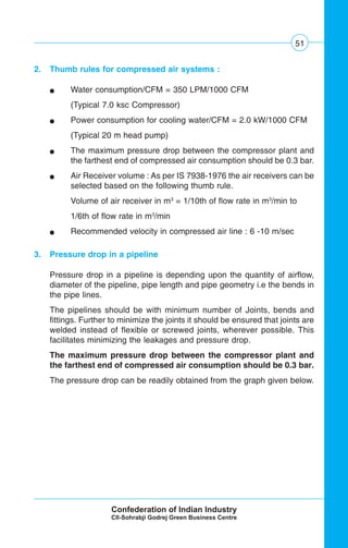 51
2. Thumb rules for compressed air systems :
G Water consumption/CFM = 350 LPM/1000 CFM
(Typical 7.0 ksc Compressor)
G Power consumption for cooling water/CFM = 2.0 kW/1000 CFM
(Typical 20 m head pump)
G The maximum pressure drop between the compressor plant and
the farthest end of compressed air consumption should be 0.3 bar.
G Air Receiver volume : As per IS 7938-1976 the air receivers can be
selected based on the following thumb rule.
Volume of air receiver in m3
= 1/10th of flow rate in m3
/min to
1/6th of flow rate in m3
/min
G Recommended velocity in compressed air line : 6 -10 m/sec
3. Pressure drop in a pipeline
Pressure drop in a pipeline is depending upon the quantity of airflow,
diameter of the pipeline, pipe length and pipe geometry i.e the bends in
the pipe lines.
The pipelines should be with minimum number of Joints, bends and
fittings. Further to minimize the joints it should be ensured that joints are
welded instead of flexible or screwed joints, wherever possible. This
facilitates minimizing the leakages and pressure drop.
The maximum pressure drop between the compressor plant and
the farthest end of compressed air consumption should be 0.3 bar.
The pressure drop can be readily obtained from the graph given below.
 
