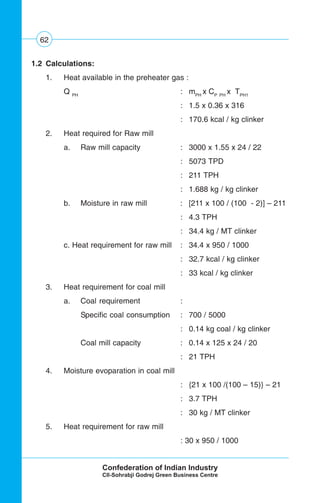 62
1.2 Calculations:
1. Heat available in the preheater gas :
Q PH
: mPH
x CP PH
x TPH1
: 1.5 x 0.36 x 316
: 170.6 kcal / kg clinker
2. Heat required for Raw mill
a. Raw mill capacity : 3000 x 1.55 x 24 / 22
: 5073 TPD
: 211 TPH
: 1.688 kg / kg clinker
b. Moisture in raw mill : [211 x 100 / (100 - 2)] – 211
: 4.3 TPH
: 34.4 kg / MT clinker
c. Heat requirement for raw mill : 34.4 x 950 / 1000
: 32.7 kcal / kg clinker
: 33 kcal / kg clinker
3. Heat requirement for coal mill
a. Coal requirement :
Specific coal consumption : 700 / 5000
: 0.14 kg coal / kg clinker
Coal mill capacity : 0.14 x 125 x 24 / 20
: 21 TPH
4. Moisture evoparation in coal mill
: {21 x 100 /(100 – 15)} – 21
: 3.7 TPH
: 30 kg / MT clinker
5. Heat requirement for raw mill
: 30 x 950 / 1000
 