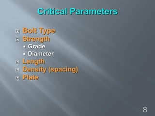  Bolt Type
 Strength
 Grade
 Diameter
 Length
 Density (spacing)
 Plate
8
 