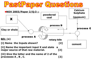NOV 2003/Paper 2/Q:3 ::
Clay or shale
process B
rotary kiln
process A
process C
Calcium
Sulphate
(gypsum)
cement
powdered
coal
X
Q3: (a)
[i] Name the Inputs shown? [2]
[ii] Name the important input X and state a
major source of that raw material. [2]
[iii] Give the letter and the name of 2 of the
processes A , B , C. [2]
 