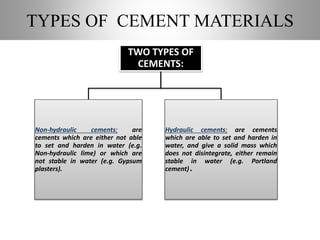 TYPES OF CEMENT MATERIALS
TWO TYPES OF
CEMENTS:
Non-hydraulic cements: are
cements which are either not able
to set and harden in water (e.g.
Non-hydraulic lime) or which are
not stable in water (e.g. Gypsum
plasters).
Hydraulic cements: are cements
which are able to set and harden in
water, and give a solid mass which
does not disintegrate, either remain
stable in water (e.g. Portland
cement).
 