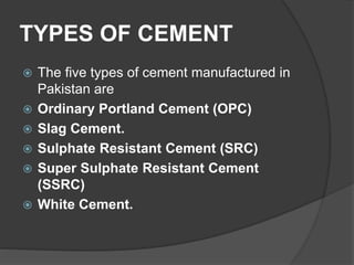 TYPES OF CEMENT
 The five types of cement manufactured in
Pakistan are
 Ordinary Portland Cement (OPC)
 Slag Cement.
 Sulphate Resistant Cement (SRC)
 Super Sulphate Resistant Cement
(SSRC)
 White Cement.
 