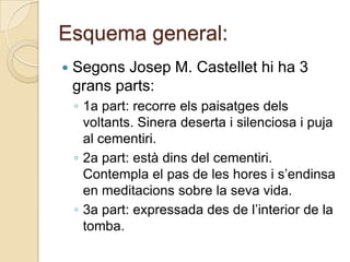 Esquema general:
   Segons Josep M. Castellet hi ha 3
    grans parts:
    ◦ 1a part: recorre els paisatges dels
      voltants. Sinera deserta i silenciosa i puja
      al cementiri.
    ◦ 2a part: està dins del cementiri.
      Contempla el pas de les hores i s‟endinsa
      en meditacions sobre la seva vida.
    ◦ 3a part: expressada des de l‟interior de la
      tomba.
 