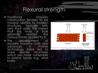 Flexural strength
 Traditional masonry
construction tended to be
massive relative to modern
structures, typically with
very thick walls. This meant
that the mass or bulk
generally resisted the
various forces applied to it.
 The development of
modern masonry units and
advances in mortar
technology have led to
more slender structures
which are more vulnerable
to lateral forces e.g. wind
loads.
 