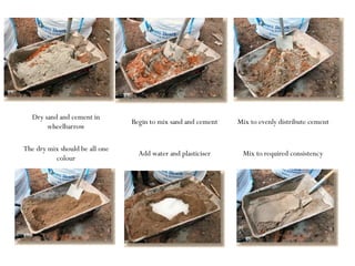 Dry sand and cement in
wheelbarrow
Begin to mix sand and cement Mix to evenly distribute cement
The dry mix should be all one
colour
Add water and plasticiser Mix to required consistency
 