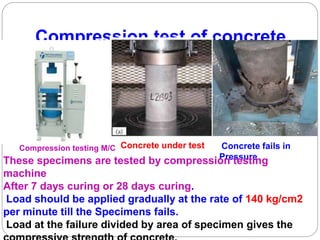 Compression test of concrete
Compression testing M/C Concrete under test Concrete fails in
PressureThese specimens are tested by compression testing
machine
After 7 days curing or 28 days curing.
Load should be applied gradually at the rate of 140 kg/cm2
per minute till the Specimens fails.
Load at the failure divided by area of specimen gives the
 