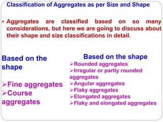 Classification of Aggregates as per Size and Shape
 Aggregates are classified based on so many
considerations, but here we are going to discuss about
their shape and size classifications in detail.
Based on the shape
Rounded aggregates
Irregular or partly rounded
aggregates
Angular aggregates
Flaky aggregates
Elongated aggregates
Flaky and elongated aggregates
Based on the
shape
Fine aggregates
Course
aggregates
 