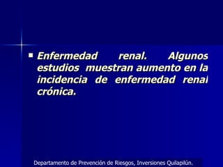 Enfermedad renal. Algunos estudios  muestran aumento en la incidencia de enfermedad renal crónica.  Departamento de Prevención de Riesgos, Inversiones Quilapilún. 