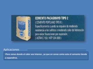 FABRICAS DE CEMENTO1. CEMENTOS LIMA:Fábrica: Atocongo – Lima	Proceso: secoCombustible: Carbón 		Capacidad instalada de clinker(TM):				 1 100 000, 2 580 000Tipos: Pórtland tipo I Marca Sol           Pórtland puzolanico tipo IP Marca súper cemento atlas2. CEMENTO ANDINO:Fábrica: Condorcocha – Tarma		Proceso: secoCombustible: Carbón 		Capacidad instalada de clinker(TM):				 460 000, 600 000Tipos: Pórtland tipo I           Pórtland tipo II           Pórtland tipo V