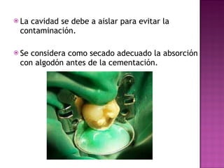La cavidad se debe a aislar para evitar la contaminación. Se considera como secado adecuado la absorción con algodón antes de la cementación. 