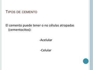 TIPOS DE CEMENTO


El cemento puede tener o no células atrapadas
  (cementocitos):

                      -Acelular

                      -Celular
 