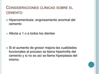 CONSIDERACIONES CLÍNICAS SOBRE EL
CEMENTO

   Hipercementosis: engrosamiento anormal del
    cemento

   Afecta a 1 o a todos los dientes



   Si el aumento de grosor mejora las cualidades
    funcionales el proceso se llama hipertrofia del
    cemento y si no es así se llama hiperplasia del
    mismo.
 