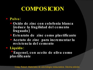 COMPOSICION Polvo:  Oxido de zinc con colofonia blanca (reduce la fragilidad del cemento fraguado) Estearato de  zinc como plastificante Acetato de zinc  para incrementar la resistencia del cemento  Líquido:  *  Eugenol, con aceite de oliva como plastificante Craig. Robert. Materiales de odontología restauradora. Décima edición.  